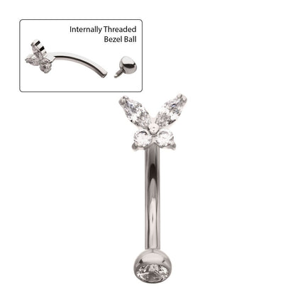 Invictus Titanium Internally Threaded Butterfly Fixed Top Curved Barbell with Prong Set Marquise & Round Gem