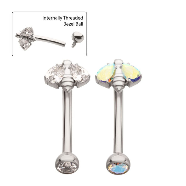 Invictus Titanium Internally Threaded Bee Fixed Top Curved Barbell with Prong Set Teardrop Gem