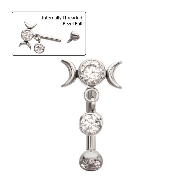 Invictus Titanium Internally Threaded Gem Triple Moon Phase Fixed Top Curved Barbell with Floating Bezel CZ Dangle