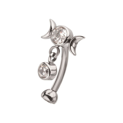 Invictus Titanium Internally Threaded Gem Triple Moon Phase Fixed Top Curved Barbell with Floating Bezel CZ Dangle