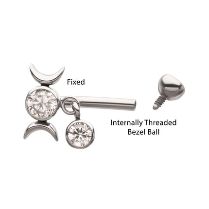 Invictus Titanium Internally Threaded Gem Triple Moon Phase Fixed Top Curved Barbell with Floating Bezel CZ Dangle
