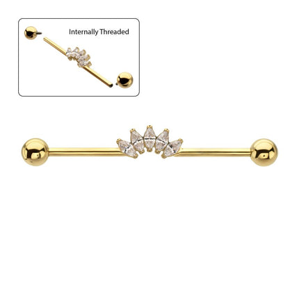 Invictus 24Kt Gold PVD Titanium Internally Threaded 5 Marquise Gem Cluster with Ball End Industrial Barbell