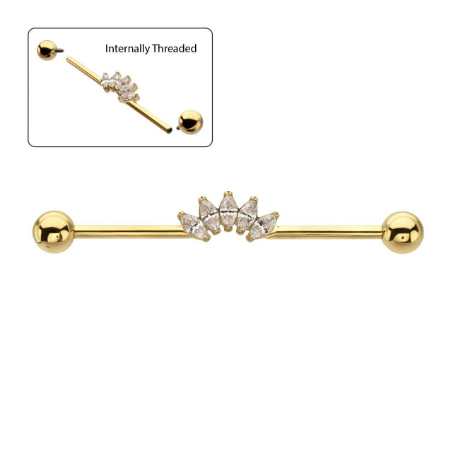 Invictus 24Kt Gold PVD Titanium Internally Threaded 5 Marquise Gem Cluster with Ball End Industrial Barbell