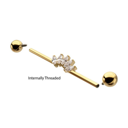 Invictus 24Kt Gold PVD Titanium Internally Threaded 5 Marquise Gem Cluster with Ball End Industrial Barbell