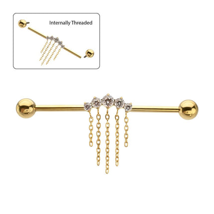 Invictus 24Kt Gold PVD Titanium Internally Threaded 5 Prong Set Gem Cluster with 5 Chain Dangle & Ball End Industrial Barbell