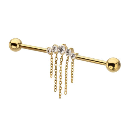Invictus 24Kt Gold PVD Titanium Internally Threaded 5 Prong Set Gem Cluster with 5 Chain Dangle & Ball End Industrial Barbell
