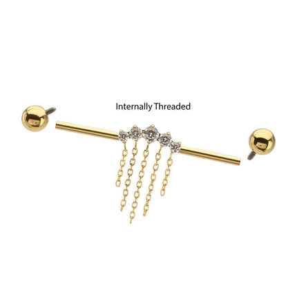 Invictus 24Kt Gold PVD Titanium Internally Threaded 5 Prong Set Gem Cluster with 5 Chain Dangle & Ball End Industrial Barbell