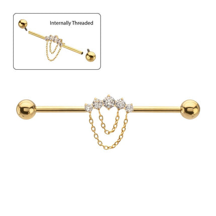 Invictus 24Kt Gold PVD Titanium Internally Threaded 5 Prong Set Gem Cluster with 2-Tier Chain & Ball End Industrial Barbell