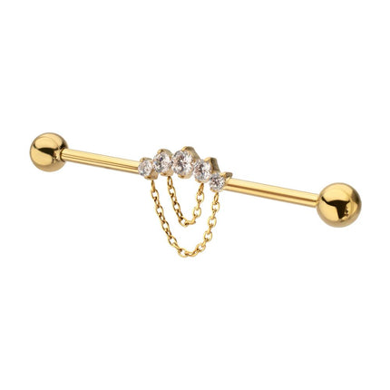 Invictus 24Kt Gold PVD Titanium Internally Threaded 5 Prong Set Gem Cluster with 2-Tier Chain & Ball End Industrial Barbell