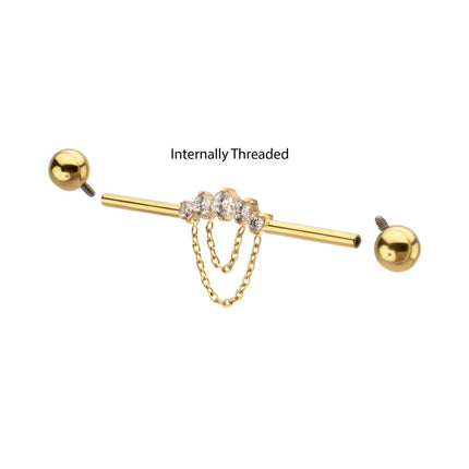 Invictus 24Kt Gold PVD Titanium Internally Threaded 5 Prong Set Gem Cluster with 2-Tier Chain & Ball End Industrial Barbell