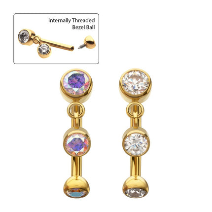 Invictus 24Kt Gold PVD Titanium Internally Threaded Bezel Gem Fixed Top Curved Barbell with Floating Gem Dangle