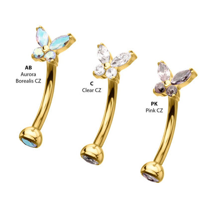 Invictus 24Kt Gold PVD Titanium Internally Threaded Butterfly Fixed Top Curved Barbell with Prong Set Marquise & Round Gem