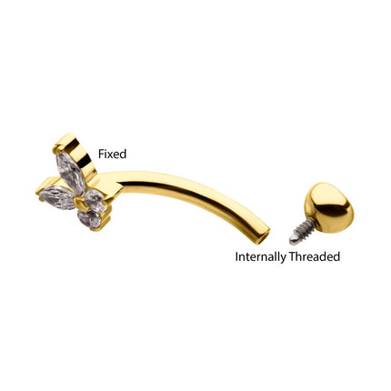 Invictus 24Kt Gold PVD Titanium Internally Threaded Butterfly Fixed Top Curved Barbell with Prong Set Marquise & Round Gem