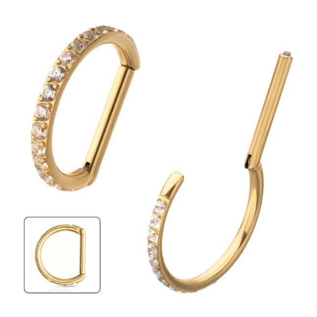 Invictus 24Kt Gold PVD Titanium D-Ring Clicker with CNC Set Clear CZ Gem