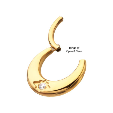Invictus 24Kt Gold PVD Titanium Etched Design with Prong Set Gem Sleek Dome Septum Front Facing Hinged Segment Clicker