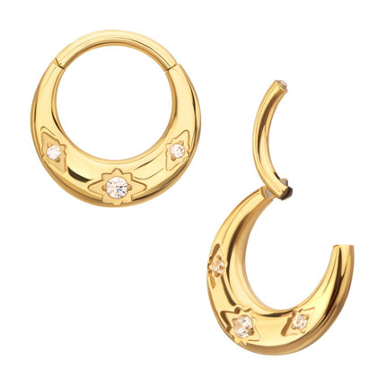 Invictus 24Kt Gold PVD Titanium Triple Etched Design with Prong Set Gem Sleek Dome Septum Front Facing Hinged Segment Clicker