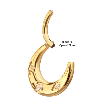Invictus 24Kt Gold PVD Titanium Triple Etched Design with Prong Set Gem Sleek Dome Septum Front Facing Hinged Segment Clicker