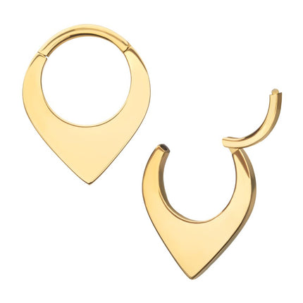 Invictus 24Kt Gold PVD Titanium Teardrop Flat Hoop Front Facing Hinged Segment Clicker