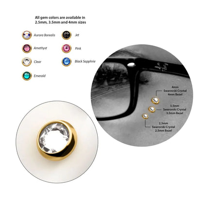 Invictus 24Kt 14g Gold PVD Titanium Internally Threaded Low Profile Bezel Set Swarovski Crystal Dermal Top