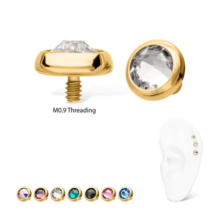 24Kt Gold PVD Titanium Internally Threaded Low Profile Bezel Set Swarovski Crystal Dermal Top