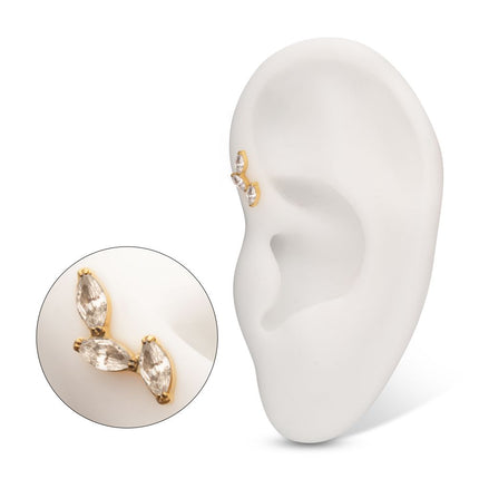 Invictus 24Kt Gold PVD Titanium Internally Threaded Vine Shape Top with 3-Tier Full Clear CZ Gem Marquise