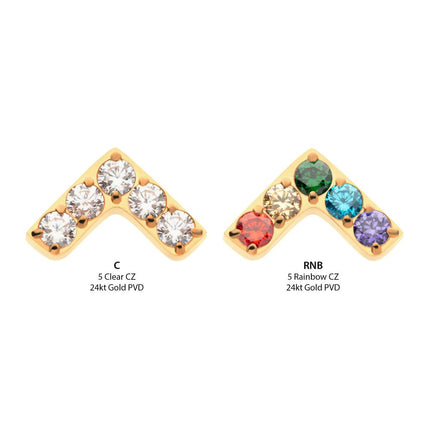Invictus 24Kt Gold PVD Titanium Internally Threaded Prong Set  5 Round CZ Chevron Shape Top
