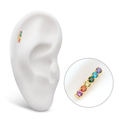Invictus 24Kt Gold PVD Titanium Internally Threaded Prong Set Rainbow CZ 6-Cluster Bar Top
