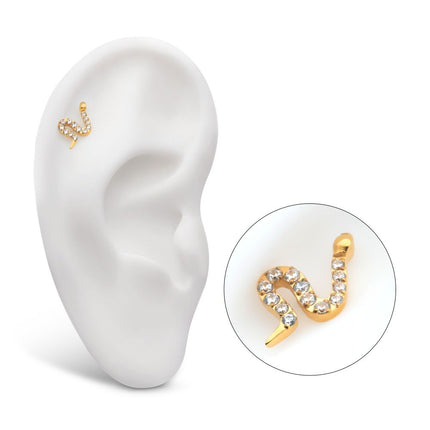 Invictus 24Kt Gold PVD Titanium Internally Threaded Pave Set 13 Clear CZ Snake Top