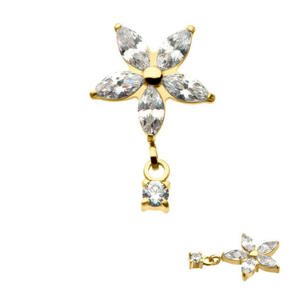 Invictus 24Kt Gold PVD Titanium Internally Threaded 5 Marquise CZ Flower Shape Top with Dangle Prong Set Round CZ