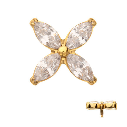 Invictus 24Kt Gold PVD Titanium Internally Threaded 4-Marquise Flower Gem Top