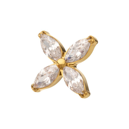 Invictus 24Kt Gold PVD Titanium Internally Threaded 4-Marquise Flower Gem Top