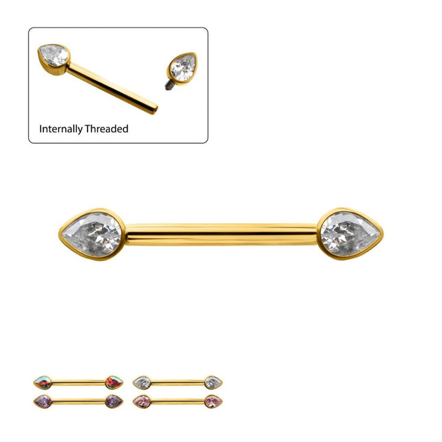 Invictus 24Kt Gold PVD Titanium Bezel Set Teardrop Gem End Nipple Barbell (One Side Fixed, One Side Internally Threaded) | Sold by piece