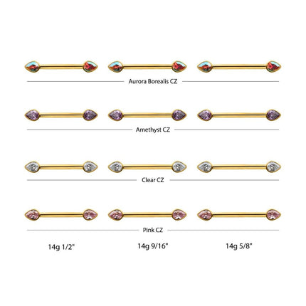 Invictus 24Kt Gold PVD Titanium Bezel Set Teardrop Gem End Nipple Barbell (One Side Fixed, One Side Internally Threaded) | Sold by piece