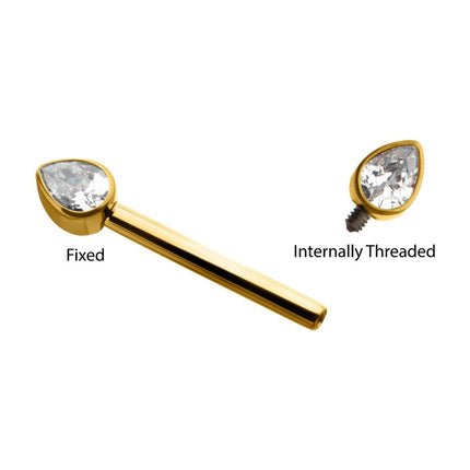Invictus 24Kt Gold PVD Titanium Bezel Set Teardrop Gem End Nipple Barbell (One Side Fixed, One Side Internally Threaded) | Sold by piece