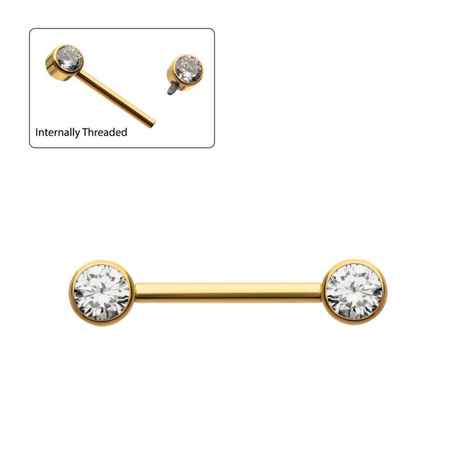 Invictus 24Kt Gold PVD Titanium Bezel Set Gem End Nipple Barbell (One Side Fixed, One Side Internally Threaded) | Sold by piece