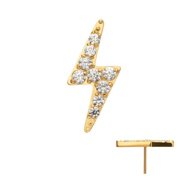 Invictus 24kt Gold PVD Titanium Threadless Pave Gem Lightning Bolt Top