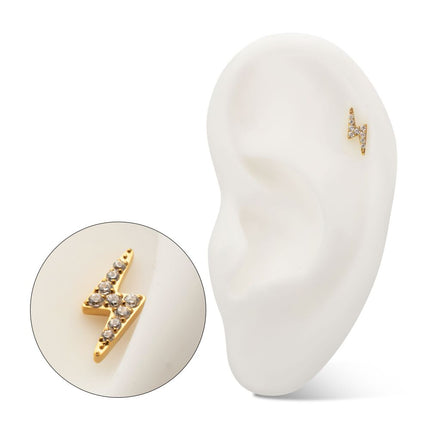 Invictus 24kt Gold PVD Titanium Threadless Pave Gem Lightning Bolt Top