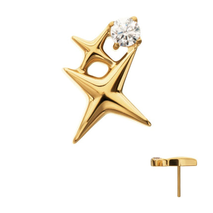 Invictus 24Kt Gold PVD Titanium Threadless Double Celestial Star Top with Prong Set Gem