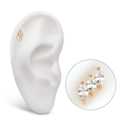 Invictus 24Kt Gold PVD Titanium Threadless Prong Set Marquise CZ Diagonal 3-Cluster Top
