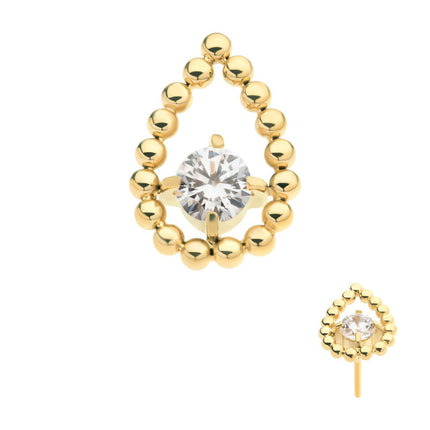 Invictus 24Kt Gold PVD Titanium Threadless Hollow Teardrop Shape Beads with Prong Set CZ Top