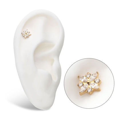 Invictus 24Kt Gold PVD Titanium Threadless with 4 Marquise & 4 Round CZ Flower Shape Top