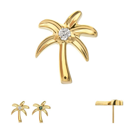 Invictus 24Kt Gold PVD Titanium Threadless Low Profile 3D Palm Tree Top With Prong Set Gem