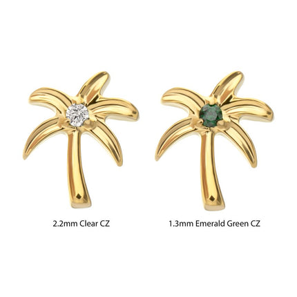 Invictus 24Kt Gold PVD Titanium Threadless Low Profile 3D Palm Tree Top With Prong Set Gem