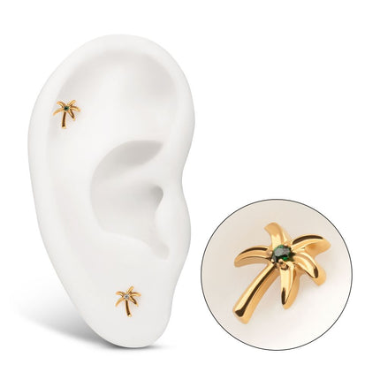 Invictus 24Kt Gold PVD Titanium Threadless Low Profile 3D Palm Tree Top With Prong Set Gem
