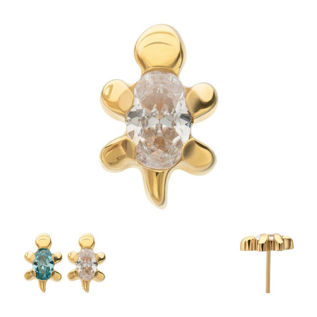 Invictus 24Kt Gold PVD Titanium Threadless Low Profile 3D Sea Turtle Top with Prong Set Oval Gem