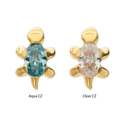 Invictus 24Kt Gold PVD Titanium Threadless Low Profile 3D Sea Turtle Top with Prong Set Oval Gem