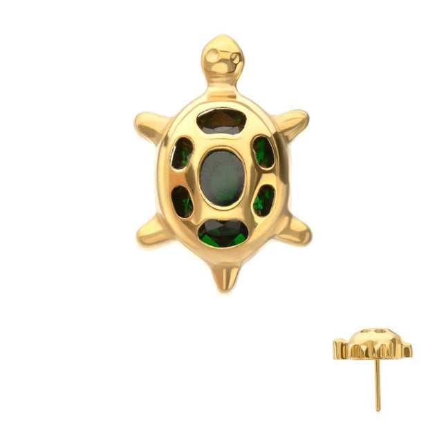 Invictus 24Kt Gold PVD Titanium Threadless Low Profile Cut Out Back Land Turtle Top with Emerald CZ Gem