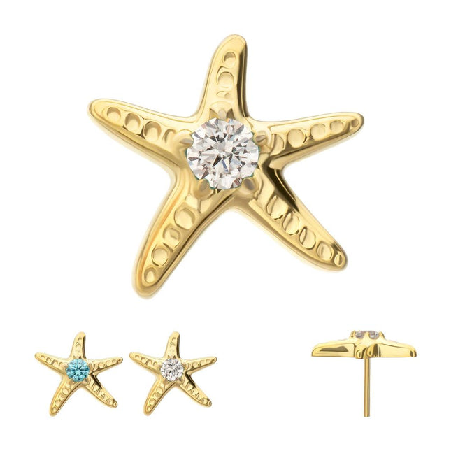 Invictus 24Kt Gold PVD Titanium Threadless Low Profile 3D Starfish Top with Prong Set Gem