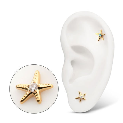 Invictus 24Kt Gold PVD Titanium Threadless Low Profile 3D Starfish Top with Prong Set Gem