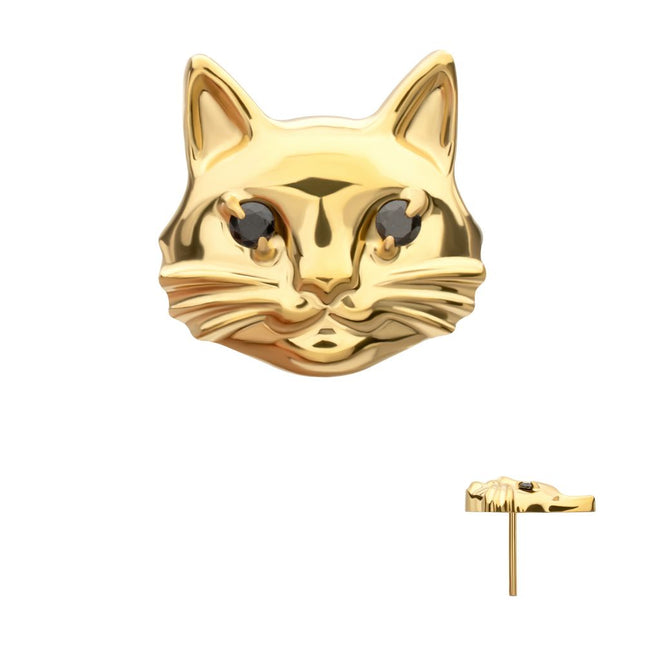 Invictus 24kt Gold PVD Titanium Threadless Midnight Cat Top with Prong Set Black Gem Eyes